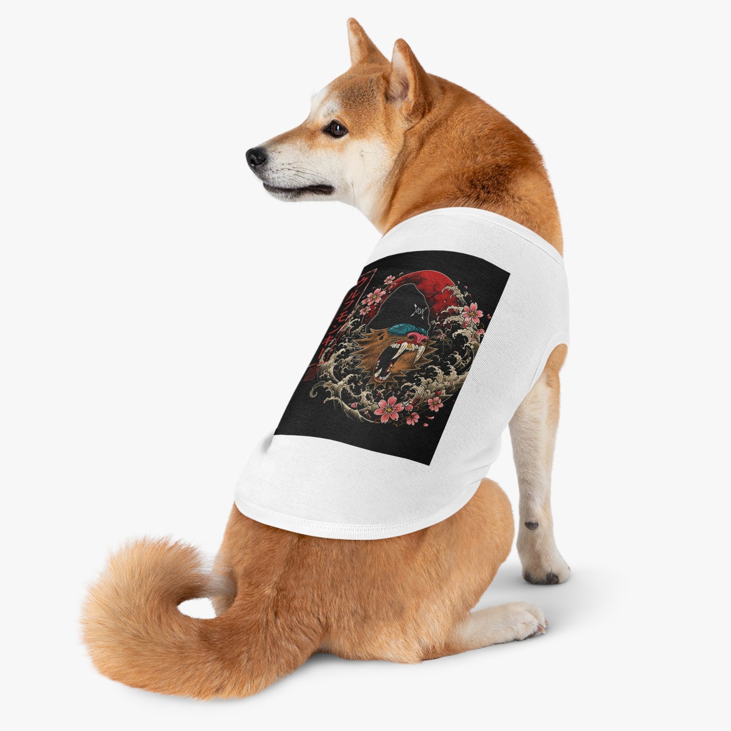 Pet Tank Top — Japanese Wolf Mask Design with Red Moon & Cherry Blossoms