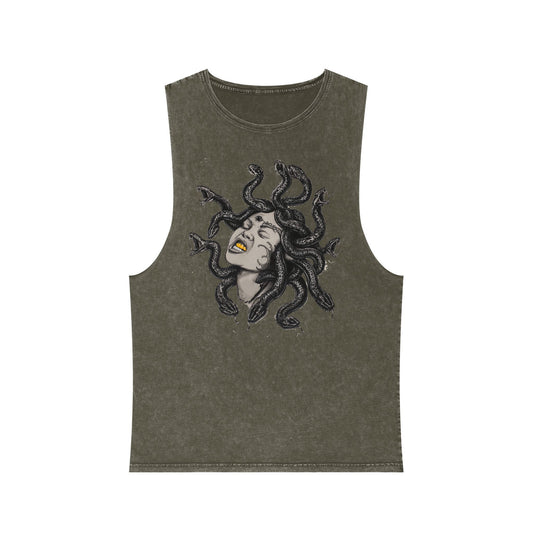 Medusa Stonewash Tank Top — Mythical Goddess Graphic Sleeveless Tee