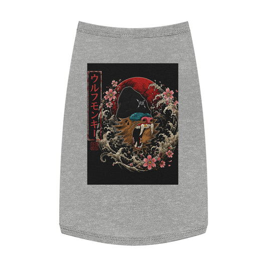Pet Tank Top — Japanese Wolf Mask Design with Red Moon & Cherry Blossoms