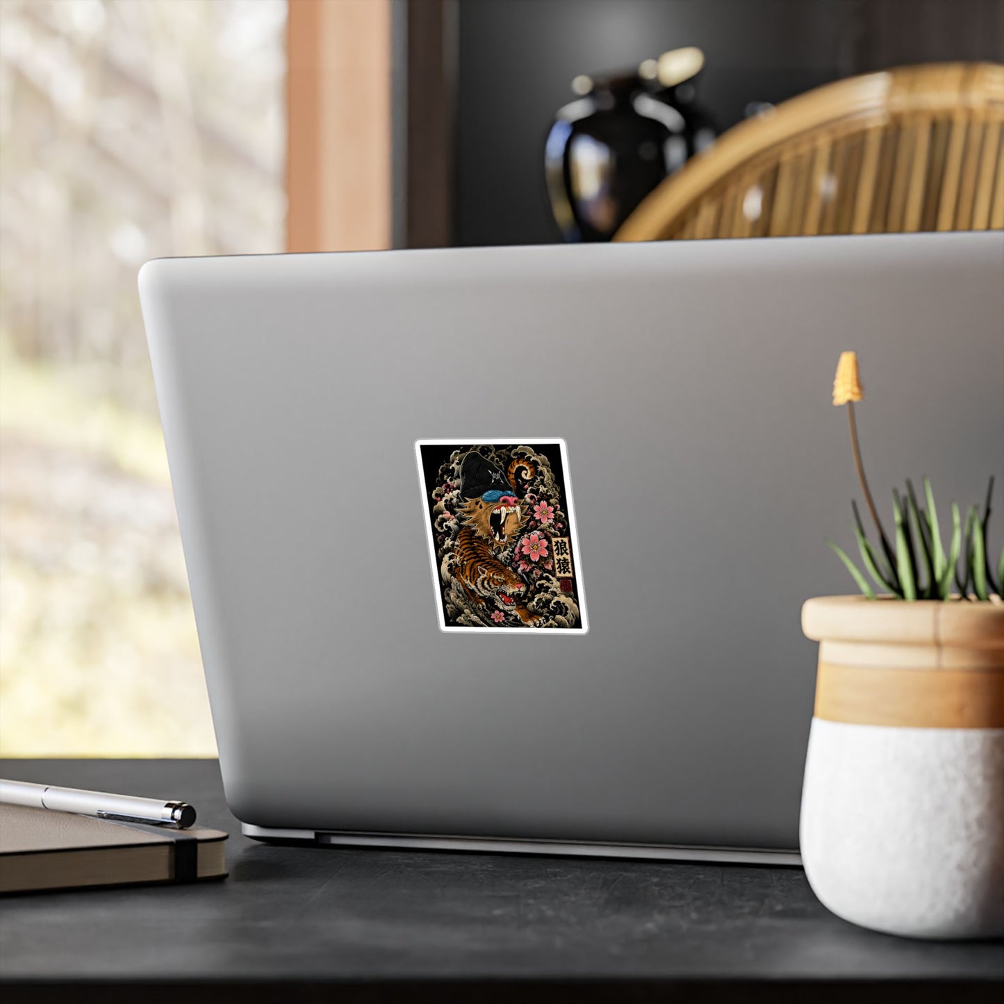Kiss-Cut Vinyl Decal — Roaring Tiger Ape Design with Cherry Blossoms