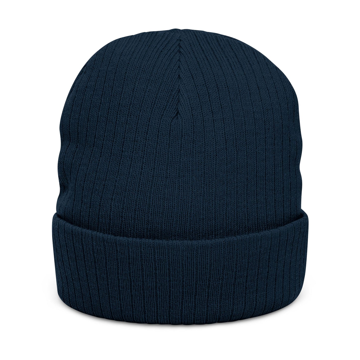 Embroidered Ribbed Beanie — Minimal Arrow Knot Logo Knit Hat