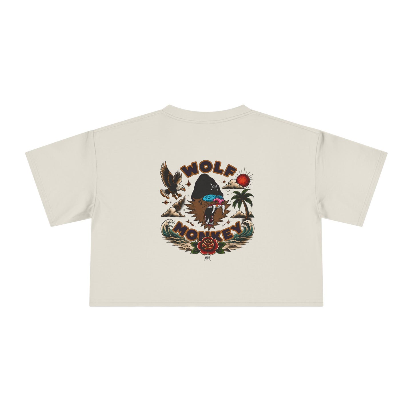 Wolf Moon Crop Tee – Retro Tropical Wolf Graphic Women’s Crop Top