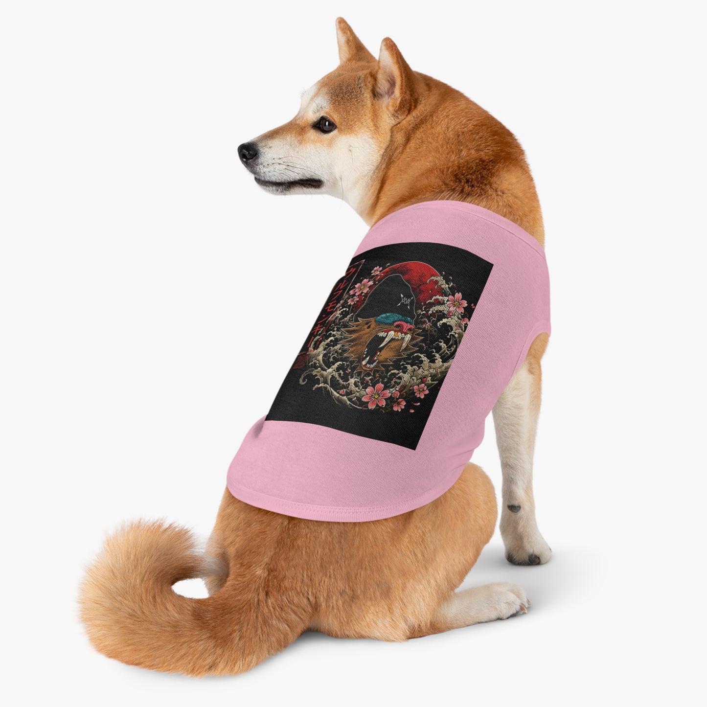 Pet Tank Top — Japanese Wolf Mask Design with Red Moon & Cherry Blossoms