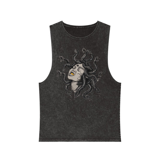 Medusa Stonewash Tank Top — Mythical Goddess Graphic Sleeveless Tee