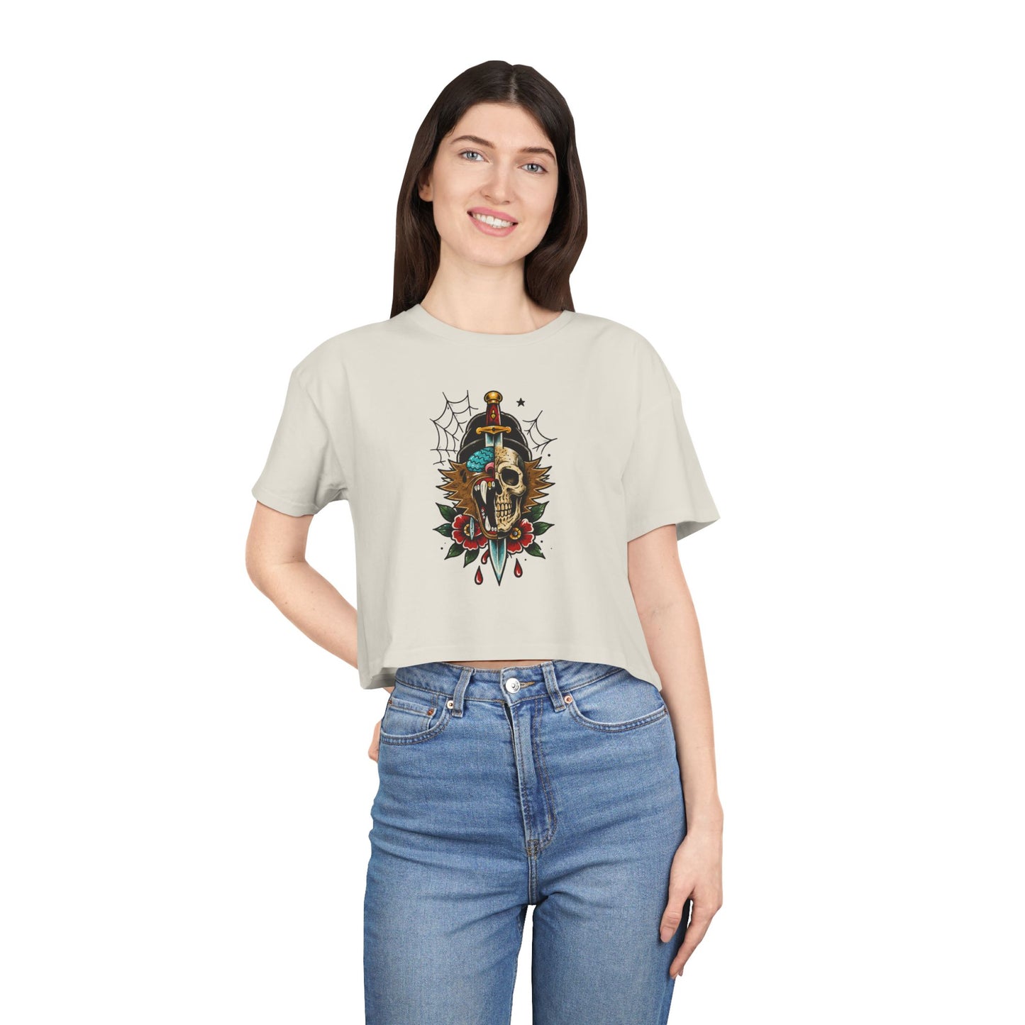 Wolf Moon Crop Tee – Retro Tropical Wolf Graphic Women’s Crop Top