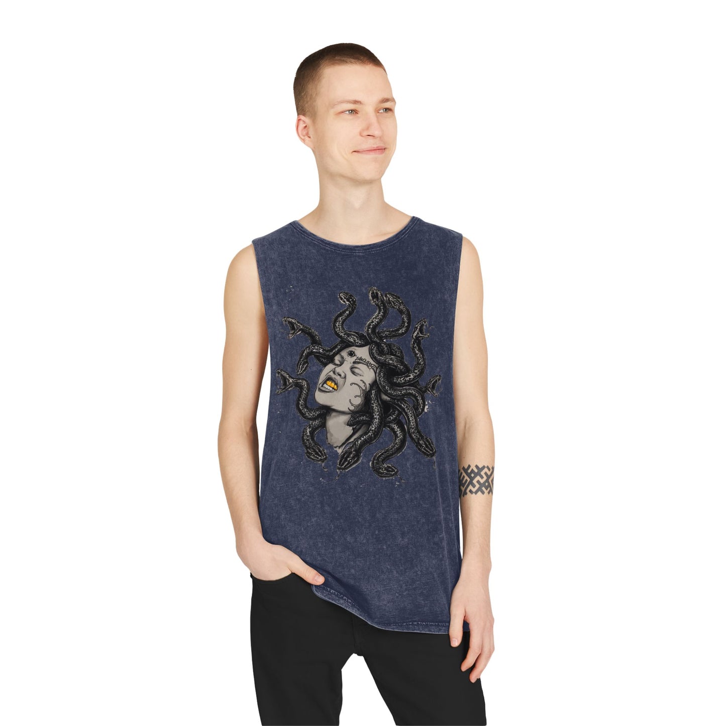 Medusa Stonewash Tank Top — Mythical Goddess Graphic Sleeveless Tee