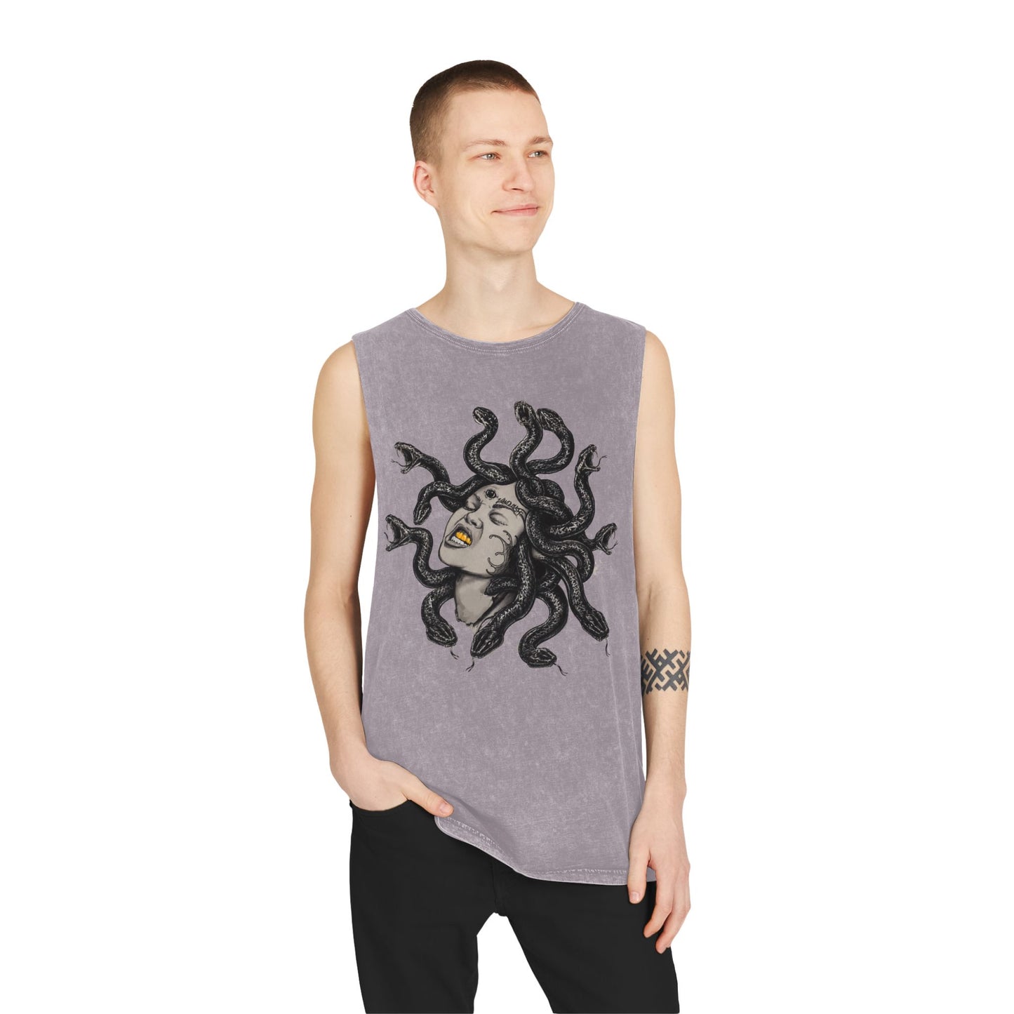 Medusa Stonewash Tank Top — Mythical Goddess Graphic Sleeveless Tee