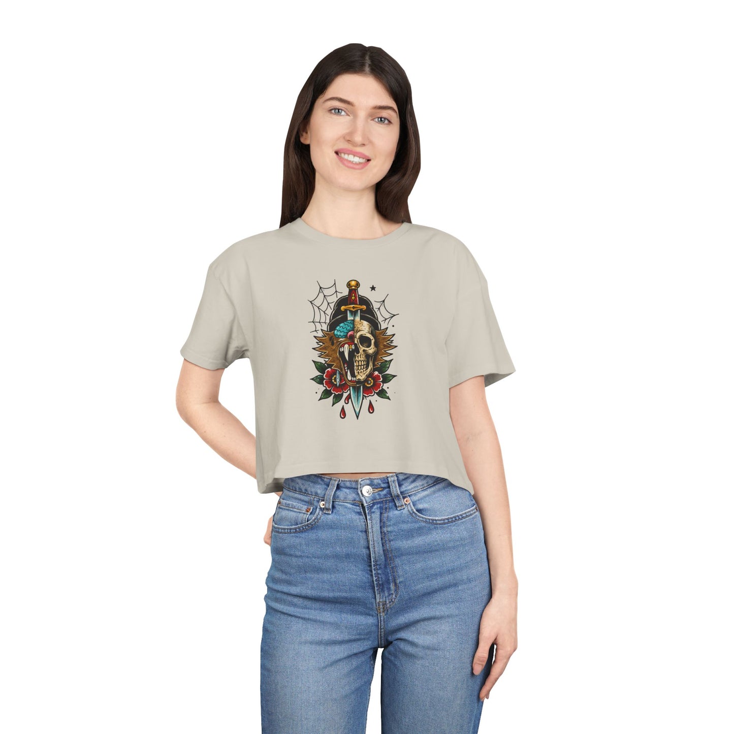 Wolf Moon Crop Tee – Retro Tropical Wolf Graphic Women’s Crop Top