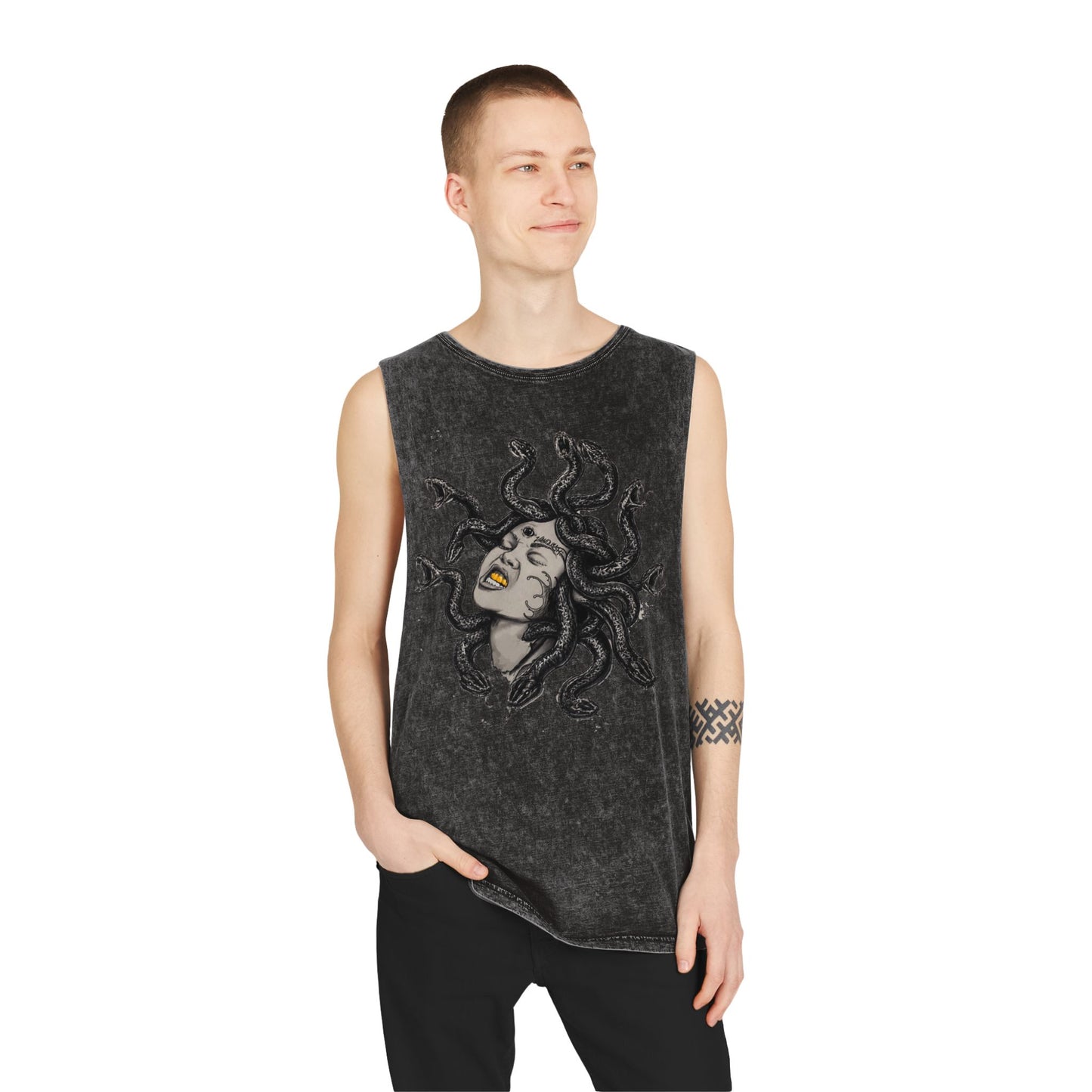Medusa Stonewash Tank Top — Mythical Goddess Graphic Sleeveless Tee