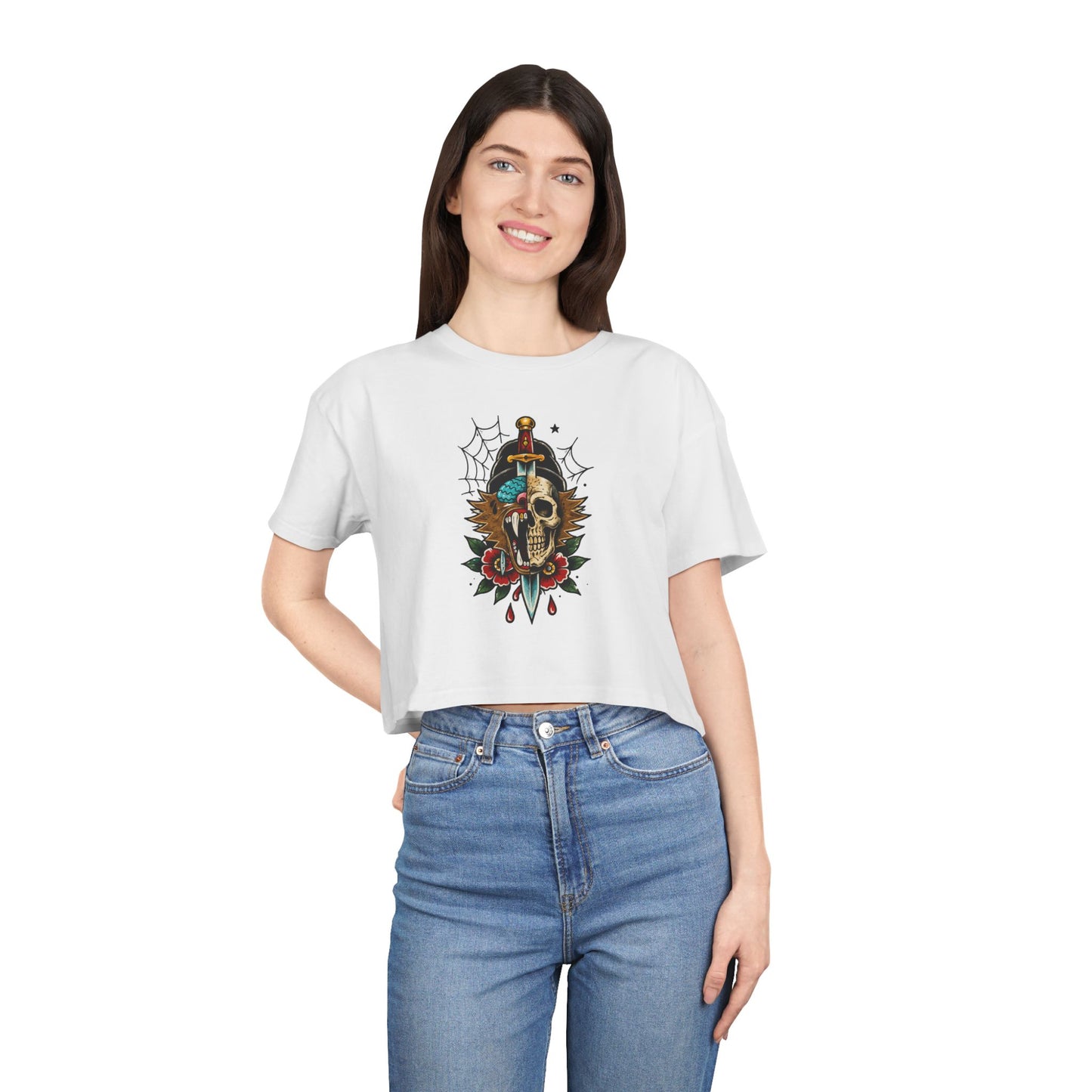 Wolf Moon Crop Tee – Retro Tropical Wolf Graphic Women’s Crop Top