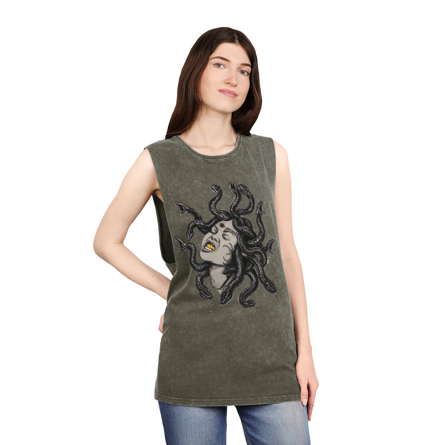 Medusa Stonewash Tank Top — Mythical Goddess Graphic Sleeveless Tee