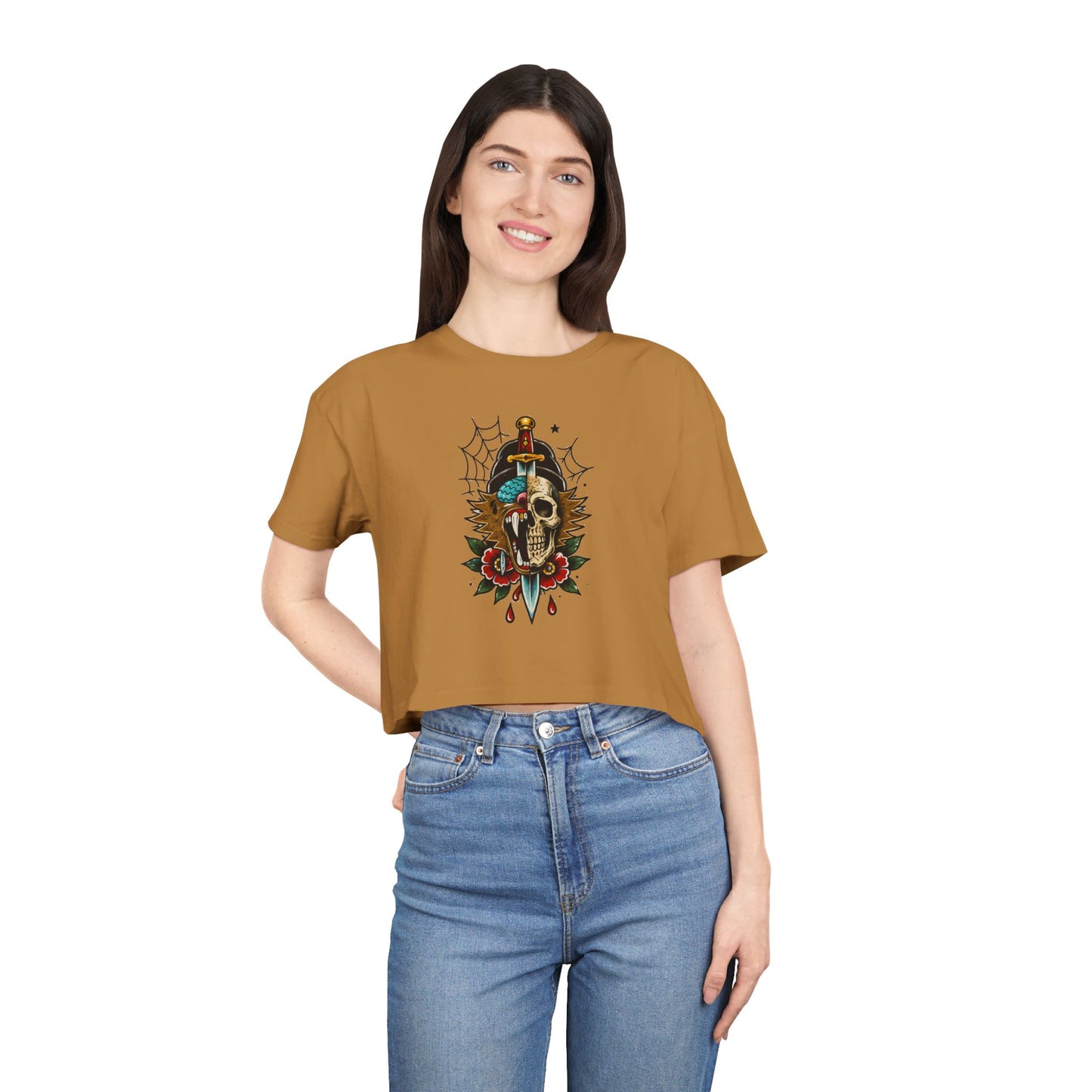 Wolf Moon Crop Tee – Retro Tropical Wolf Graphic Women’s Crop Top