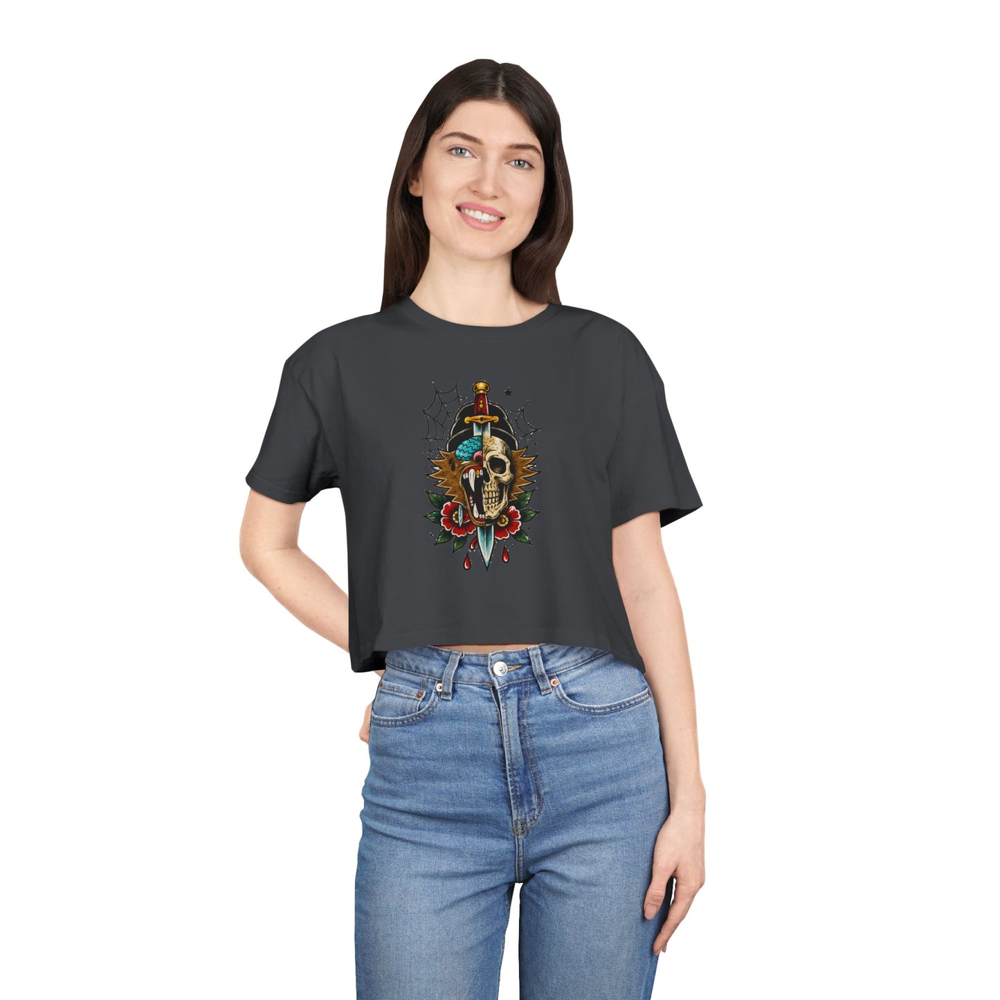 Wolf Moon Crop Tee – Retro Tropical Wolf Graphic Women’s Crop Top
