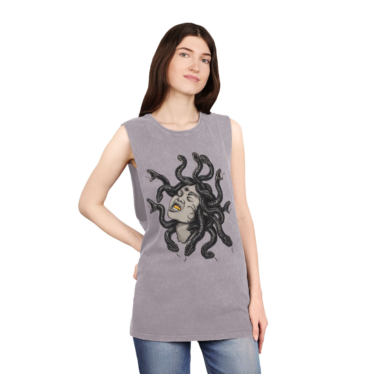 Medusa Stonewash Tank Top — Mythical Goddess Graphic Sleeveless Tee