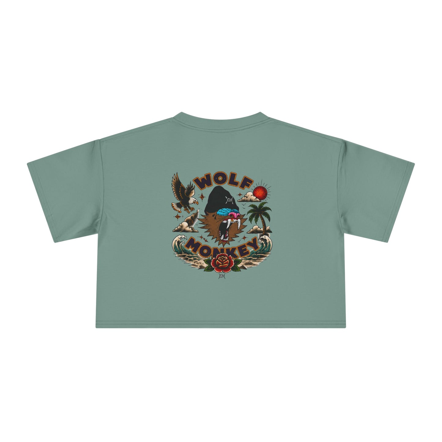 Wolf Moon Crop Tee – Retro Tropical Wolf Graphic Women’s Crop Top