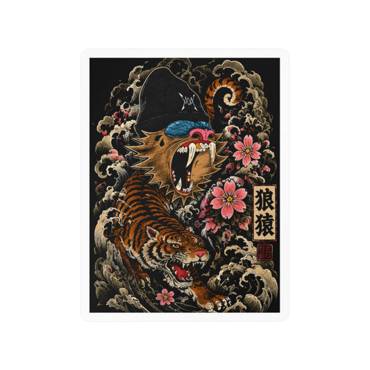 Kiss-Cut Vinyl Decal — Roaring Tiger Ape Design with Cherry Blossoms