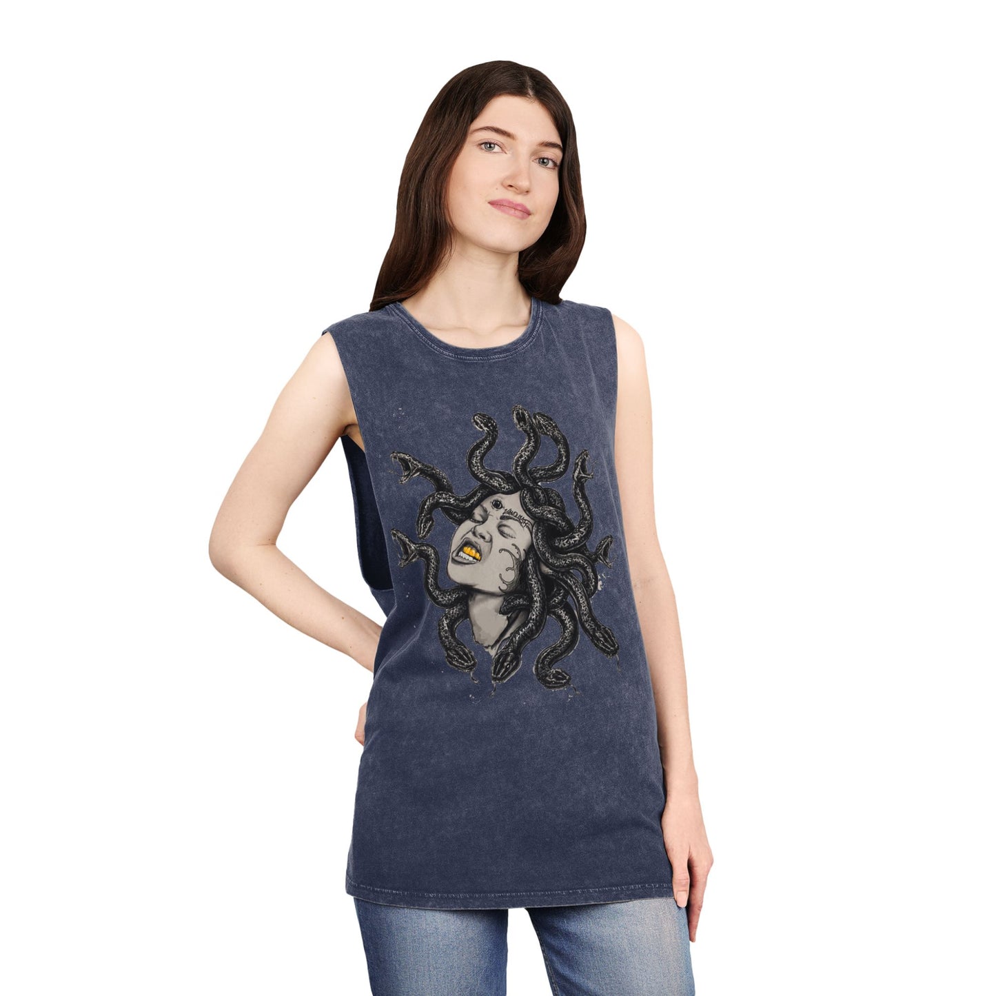 Medusa Stonewash Tank Top — Mythical Goddess Graphic Sleeveless Tee