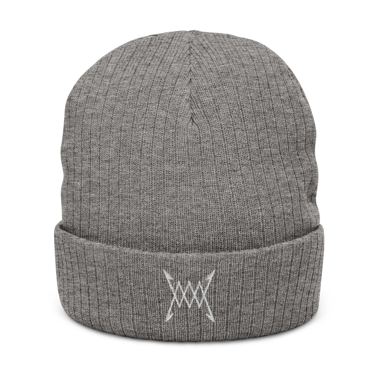 Embroidered Ribbed Beanie — Minimal Arrow Knot Logo Knit Hat