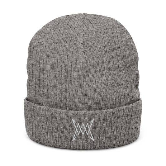 Embroidered Ribbed Beanie — Minimal Arrow Knot Logo Knit Hat