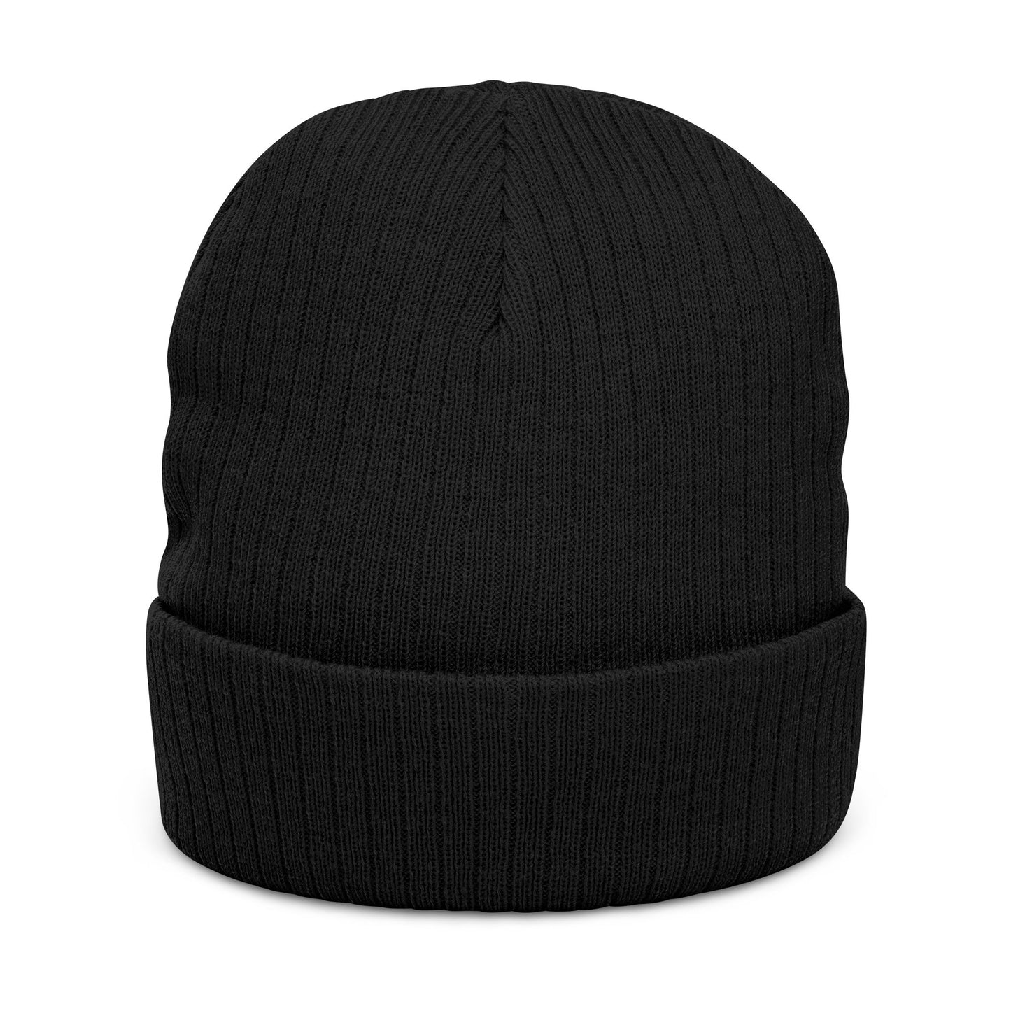 Embroidered Ribbed Beanie — Minimal Arrow Knot Logo Knit Hat