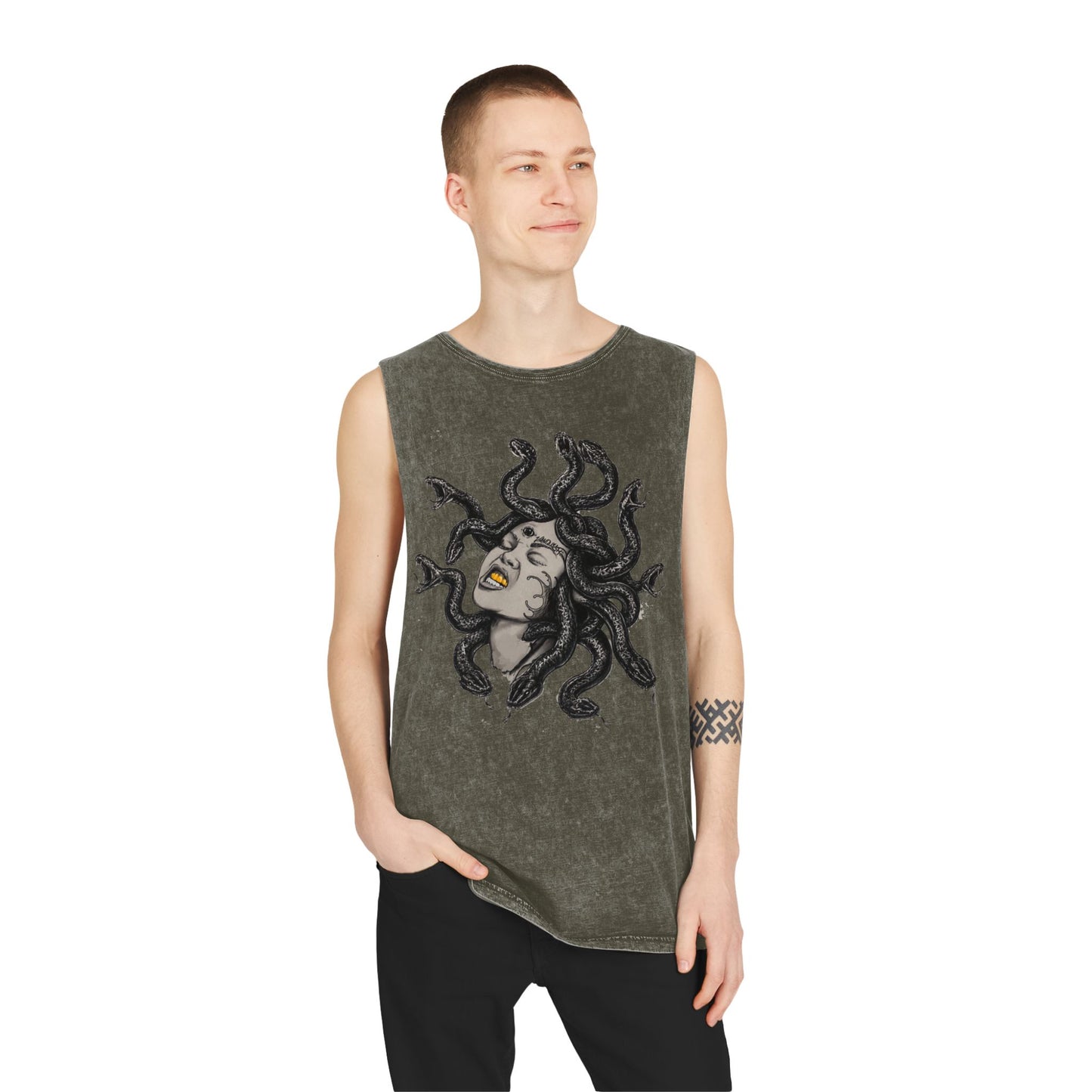 Medusa Stonewash Tank Top — Mythical Goddess Graphic Sleeveless Tee