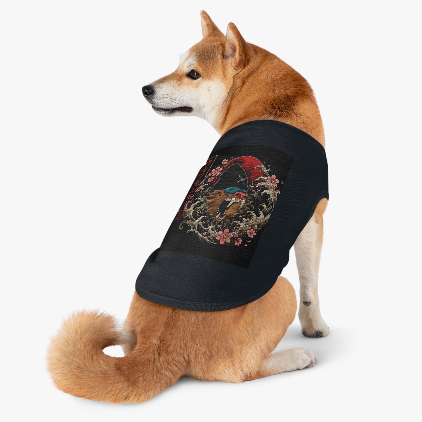 Pet Tank Top — Japanese Wolf Mask Design with Red Moon & Cherry Blossoms