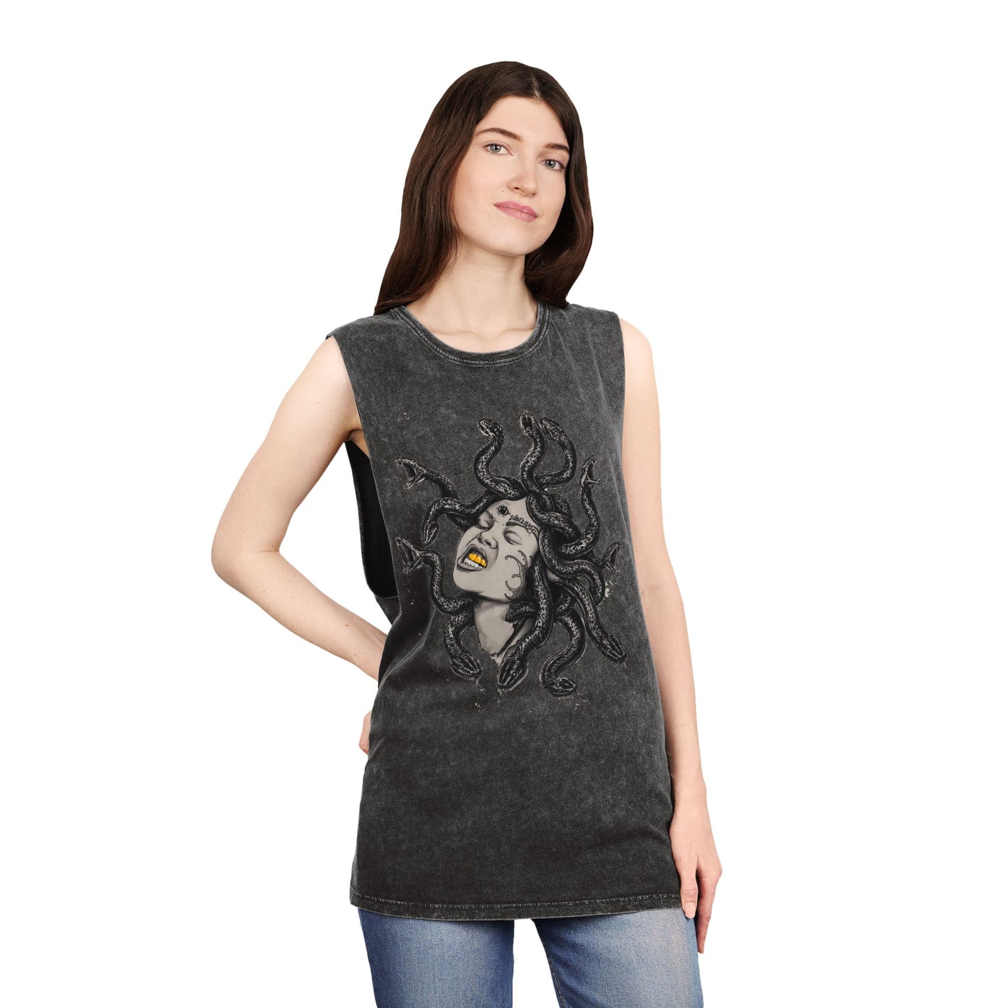 Medusa Stonewash Tank Top — Mythical Goddess Graphic Sleeveless Tee