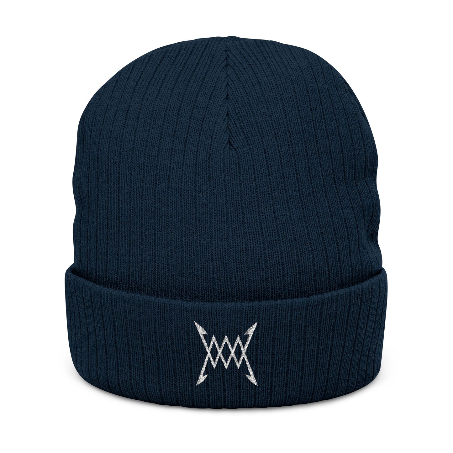 Embroidered Ribbed Beanie — Minimal Arrow Knot Logo Knit Hat
