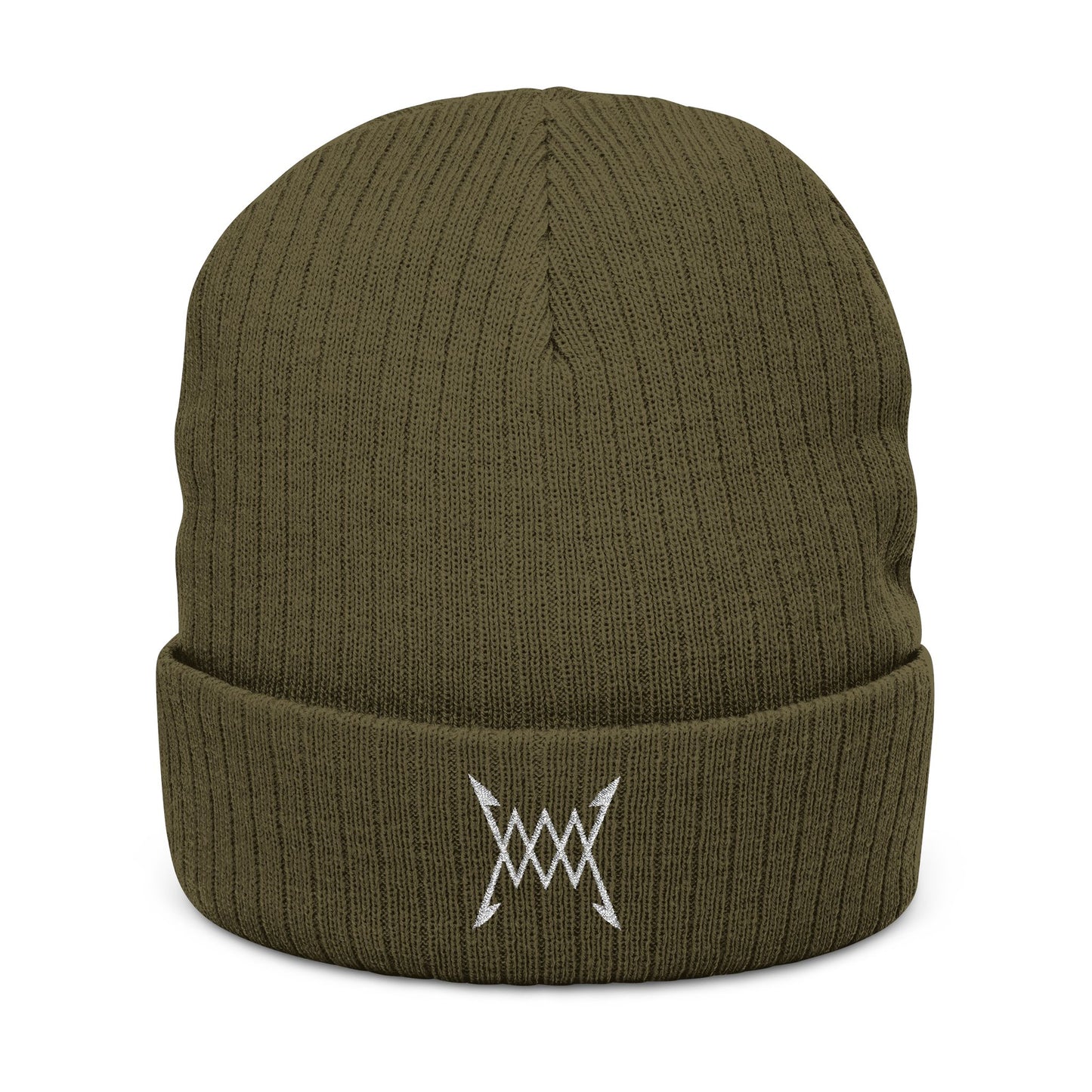 Embroidered Ribbed Beanie — Minimal Arrow Knot Logo Knit Hat