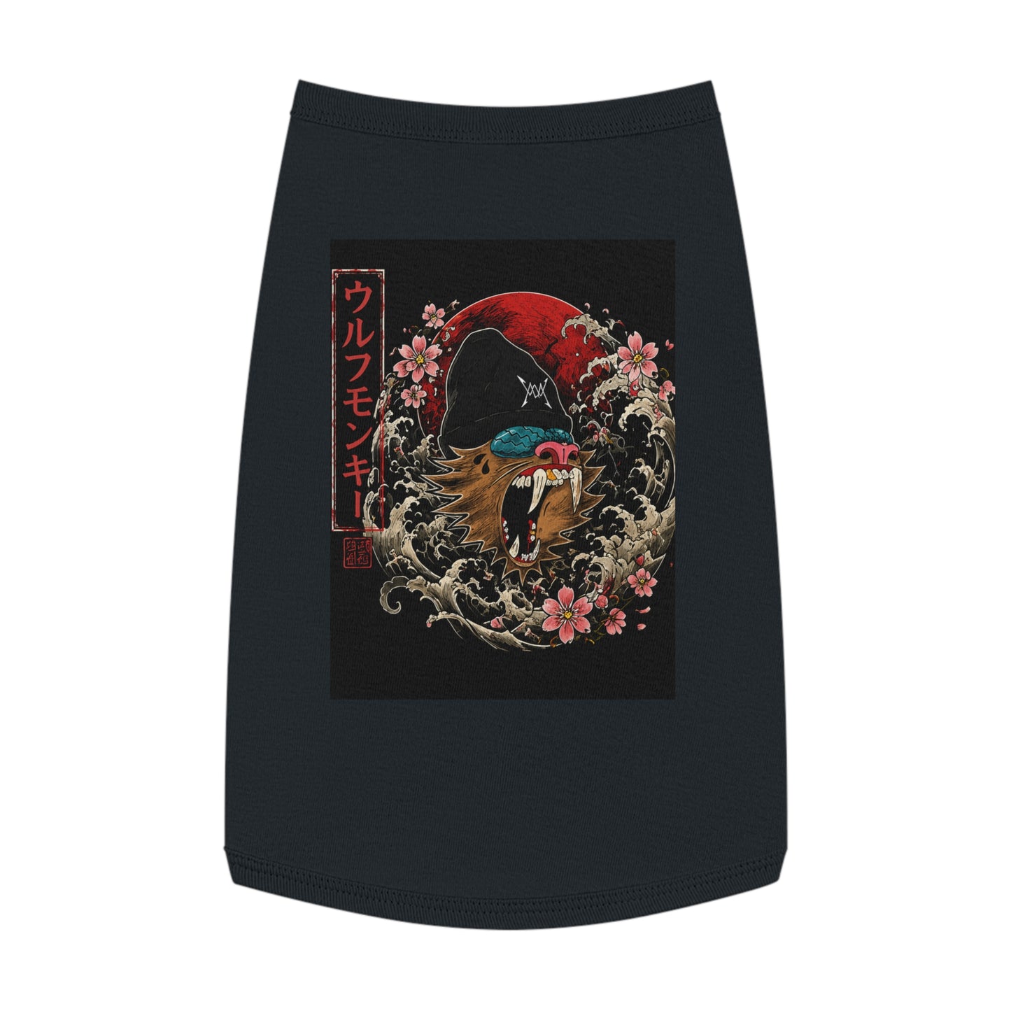 Pet Tank Top — Japanese Wolf Mask Design with Red Moon & Cherry Blossoms