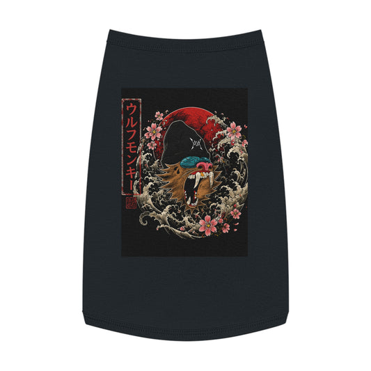 Pet Tank Top — Japanese Wolf Mask Design with Red Moon & Cherry Blossoms