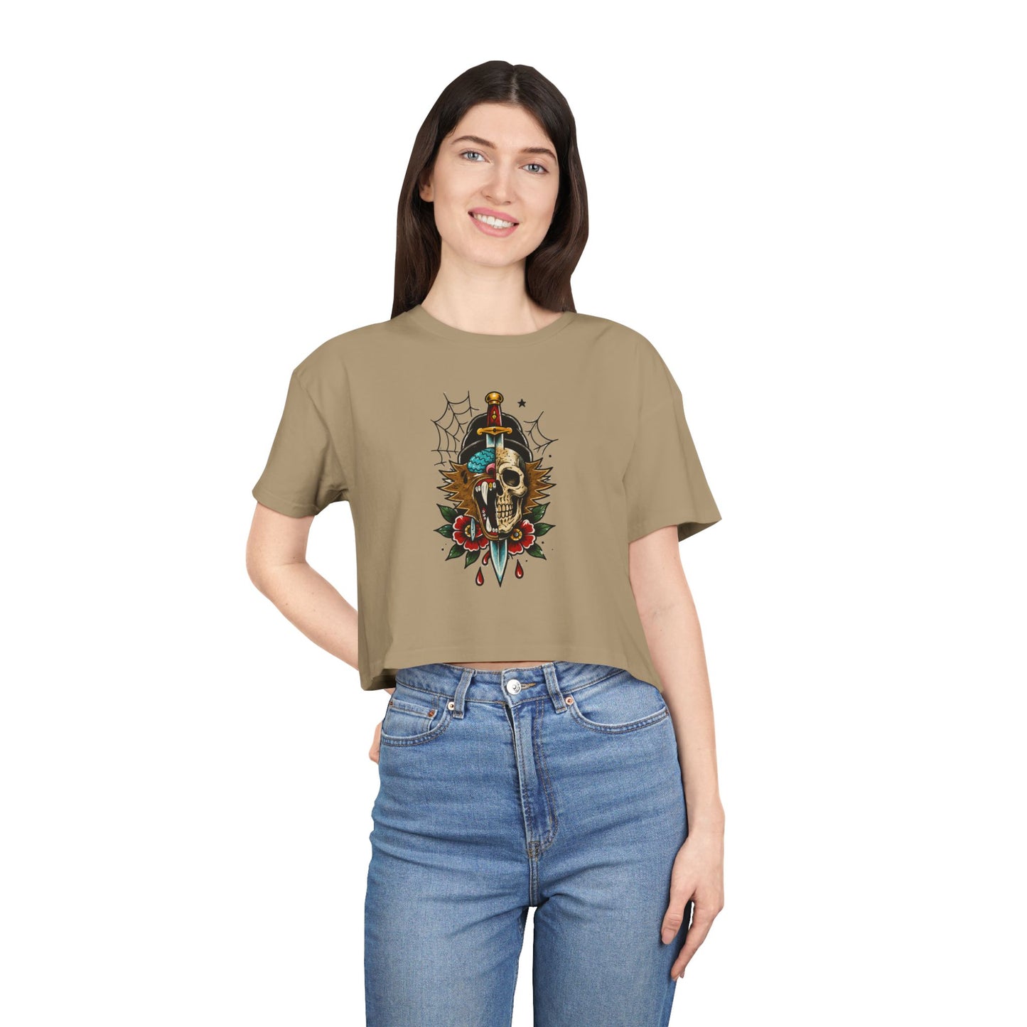 Wolf Moon Crop Tee – Retro Tropical Wolf Graphic Women’s Crop Top