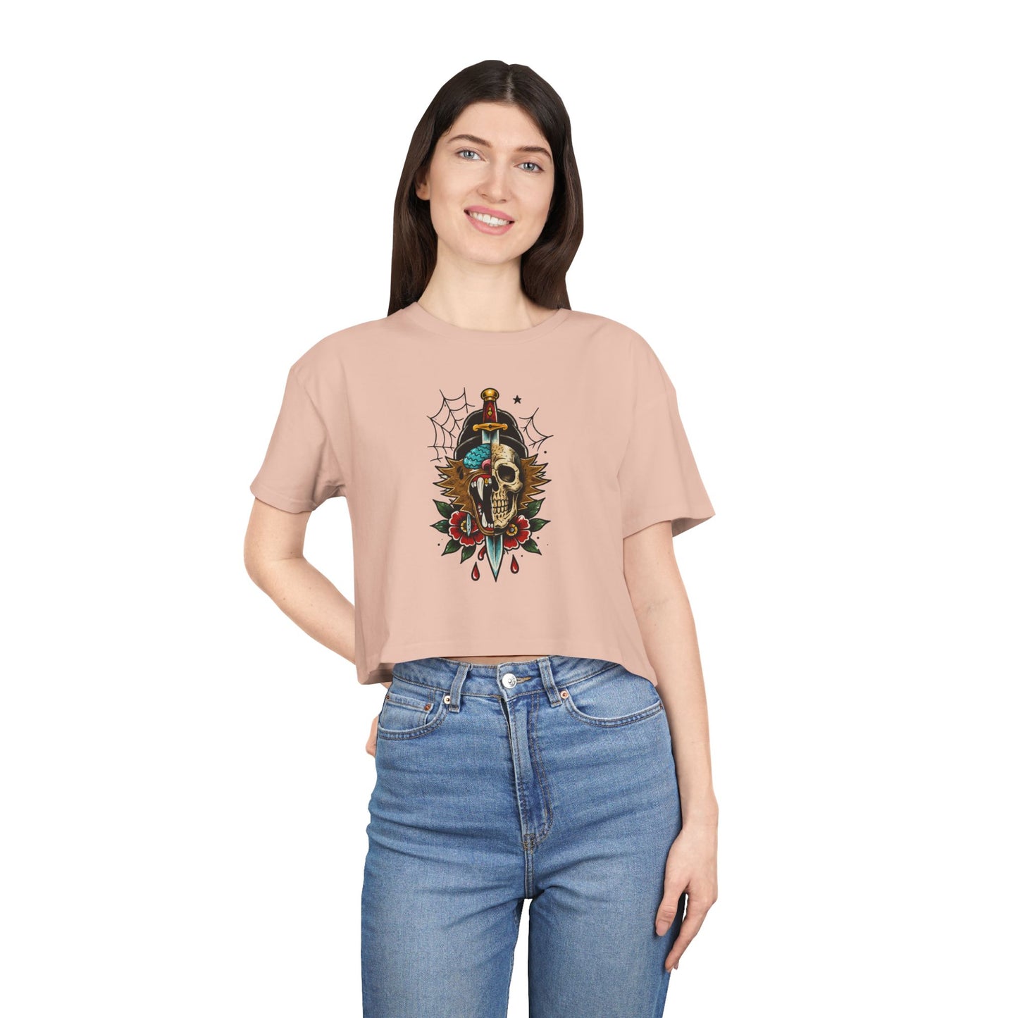Wolf Moon Crop Tee – Retro Tropical Wolf Graphic Women’s Crop Top