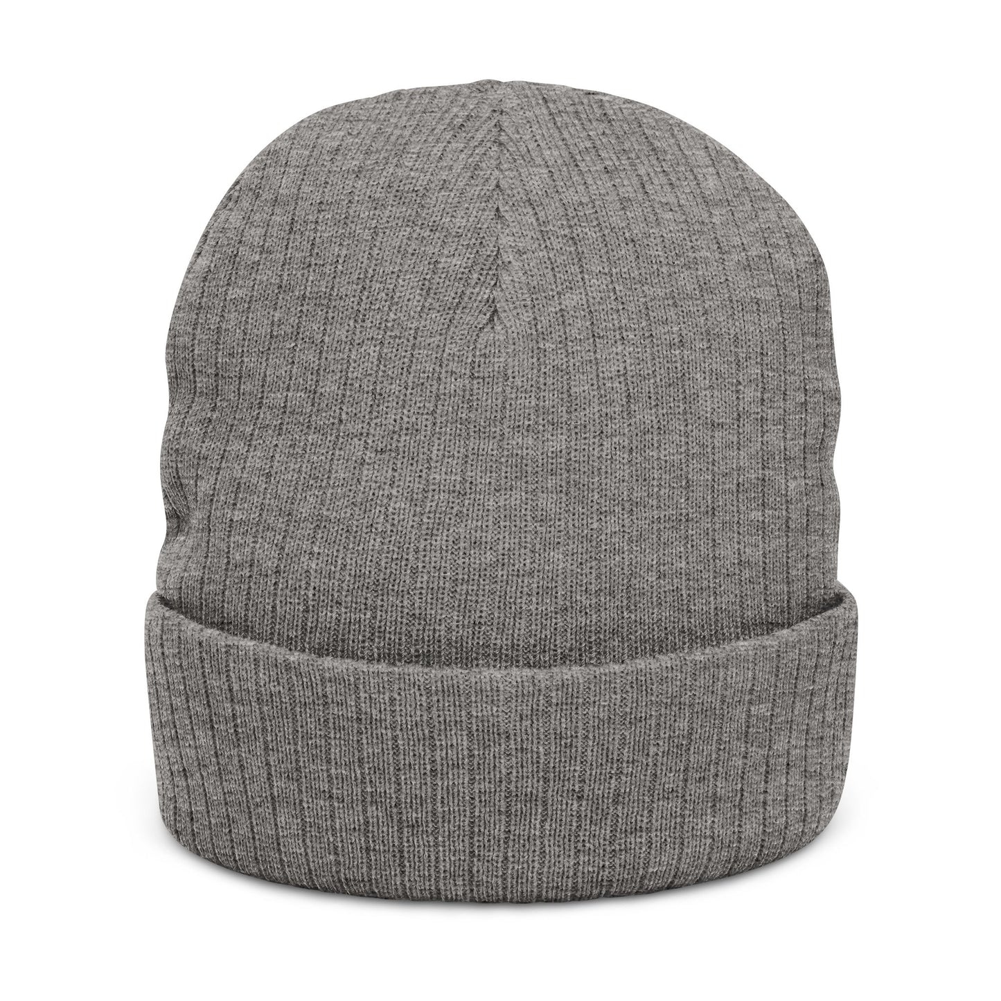 Embroidered Ribbed Beanie — Minimal Arrow Knot Logo Knit Hat