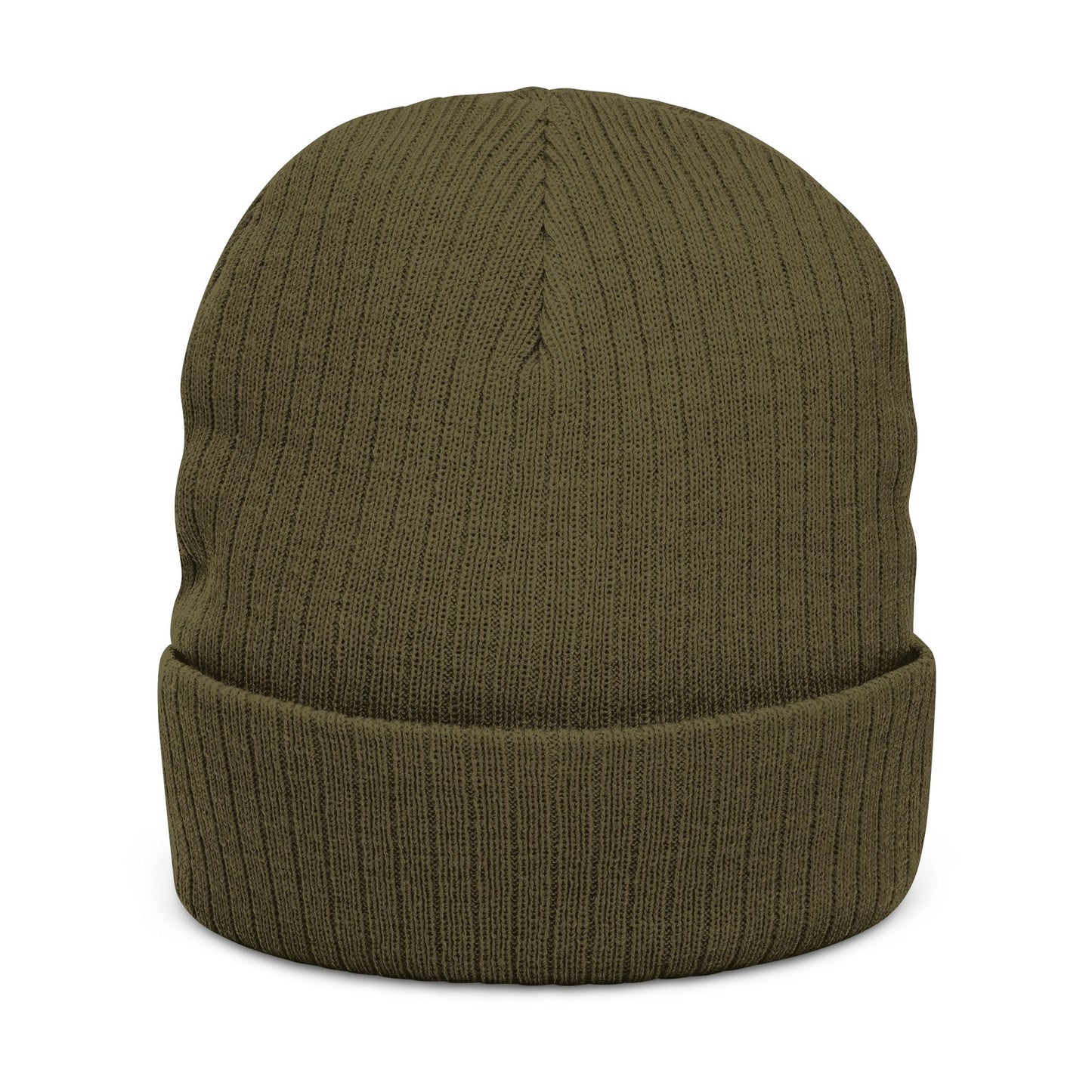Embroidered Ribbed Beanie — Minimal Arrow Knot Logo Knit Hat