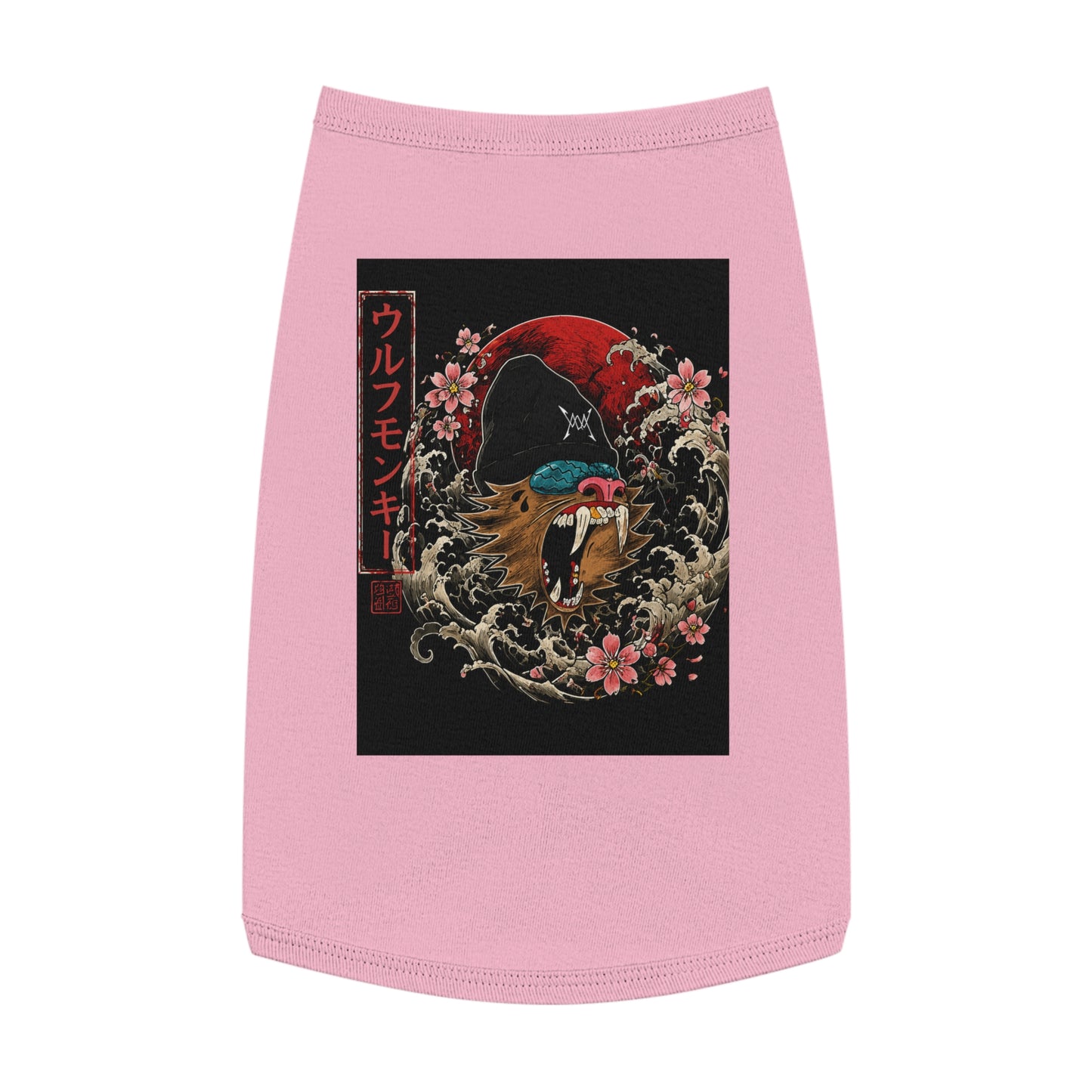 Pet Tank Top — Japanese Wolf Mask Design with Red Moon & Cherry Blossoms