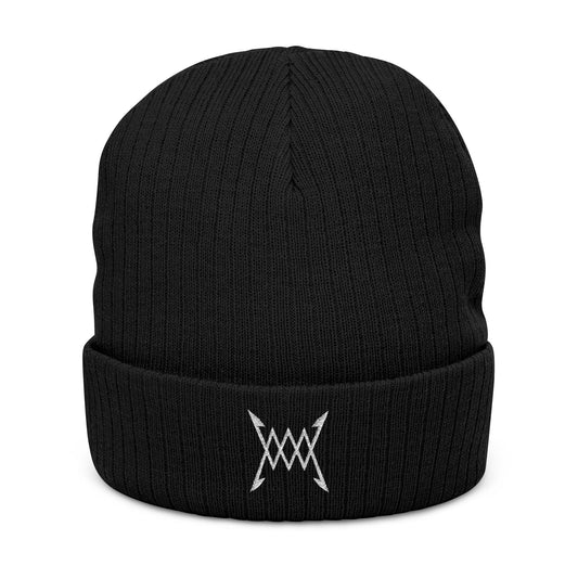 Embroidered Ribbed Beanie — Minimal Arrow Knot Logo Knit Hat