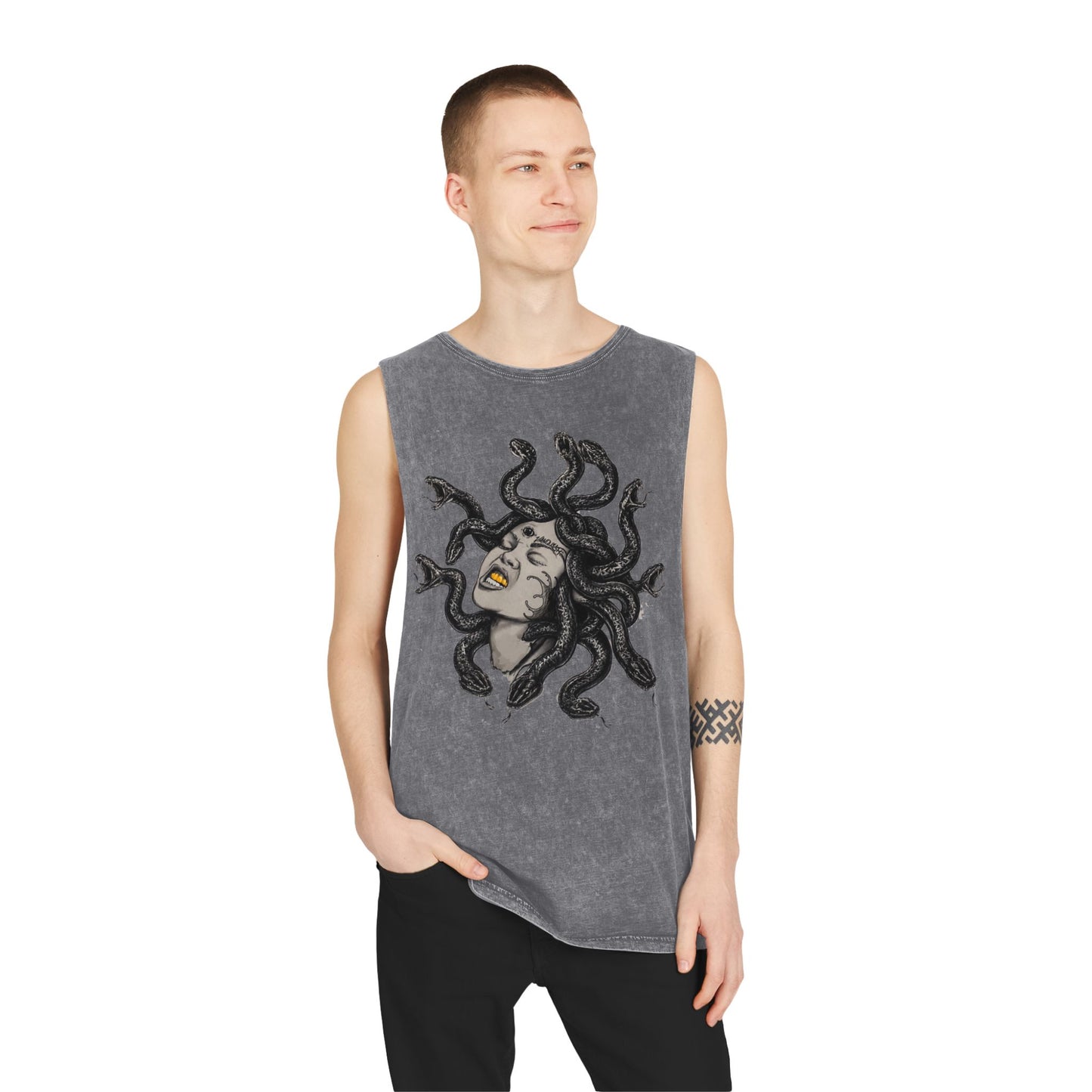 Medusa Stonewash Tank Top — Mythical Goddess Graphic Sleeveless Tee