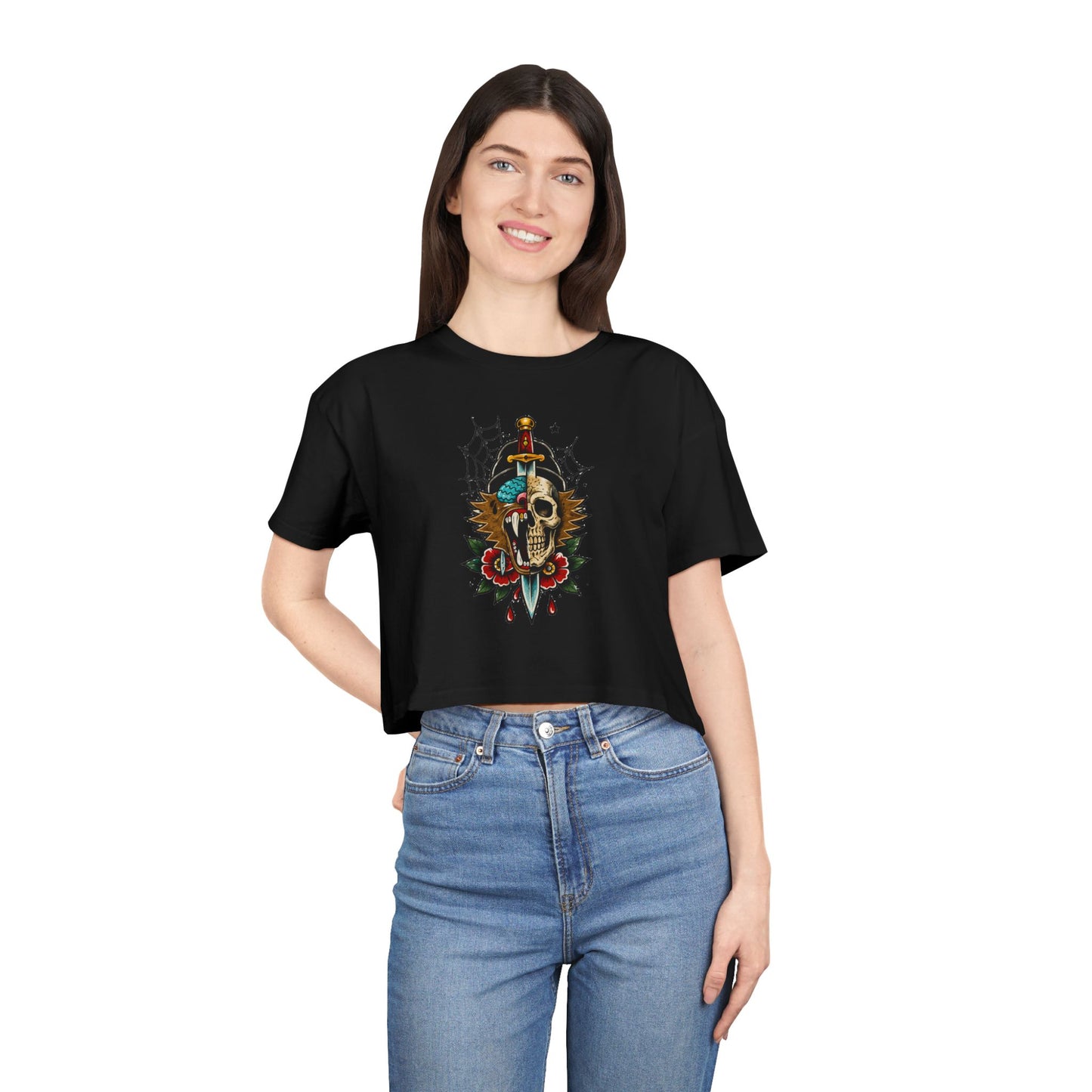 Wolf Moon Crop Tee – Retro Tropical Wolf Graphic Women’s Crop Top