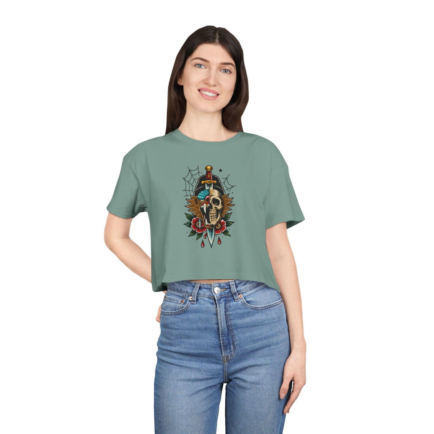 Wolf Moon Crop Tee – Retro Tropical Wolf Graphic Women’s Crop Top