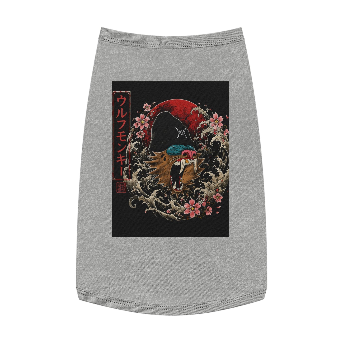 Pet Tank Top — Japanese Wolf Mask Design with Red Moon & Cherry Blossoms