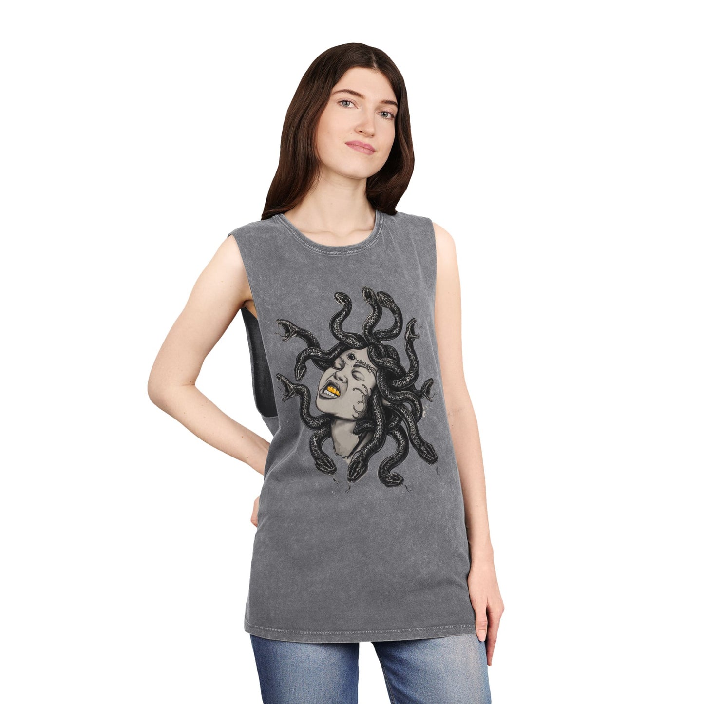 Medusa Stonewash Tank Top — Mythical Goddess Graphic Sleeveless Tee