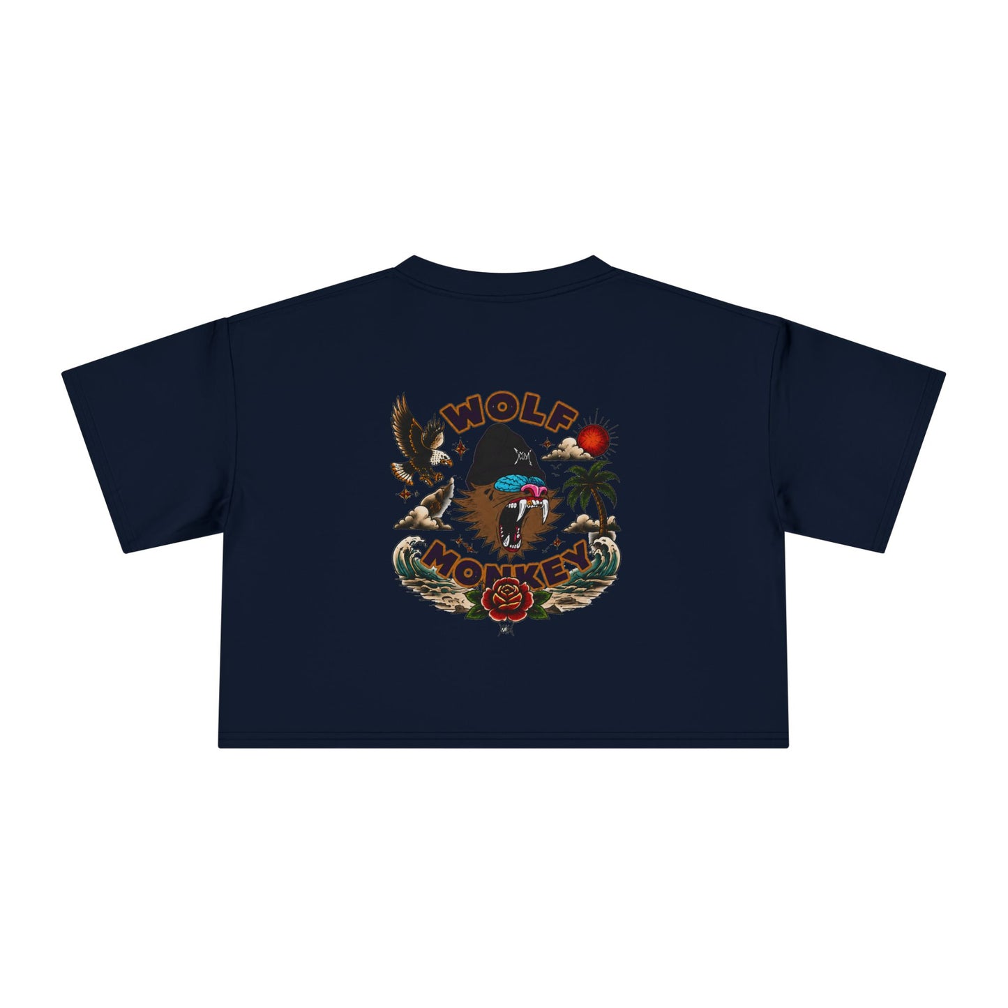 Wolf Moon Crop Tee – Retro Tropical Wolf Graphic Women’s Crop Top