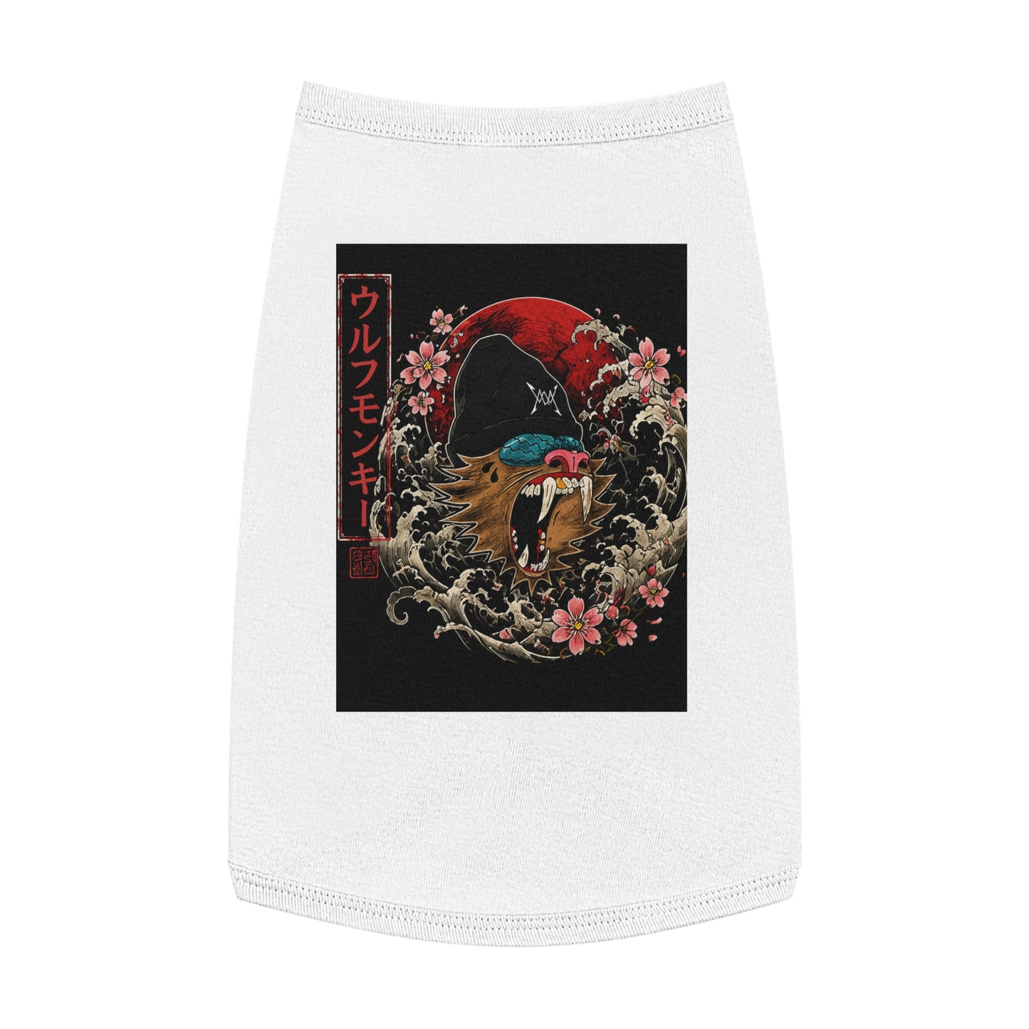 Pet Tank Top — Japanese Wolf Mask Design with Red Moon & Cherry Blossoms
