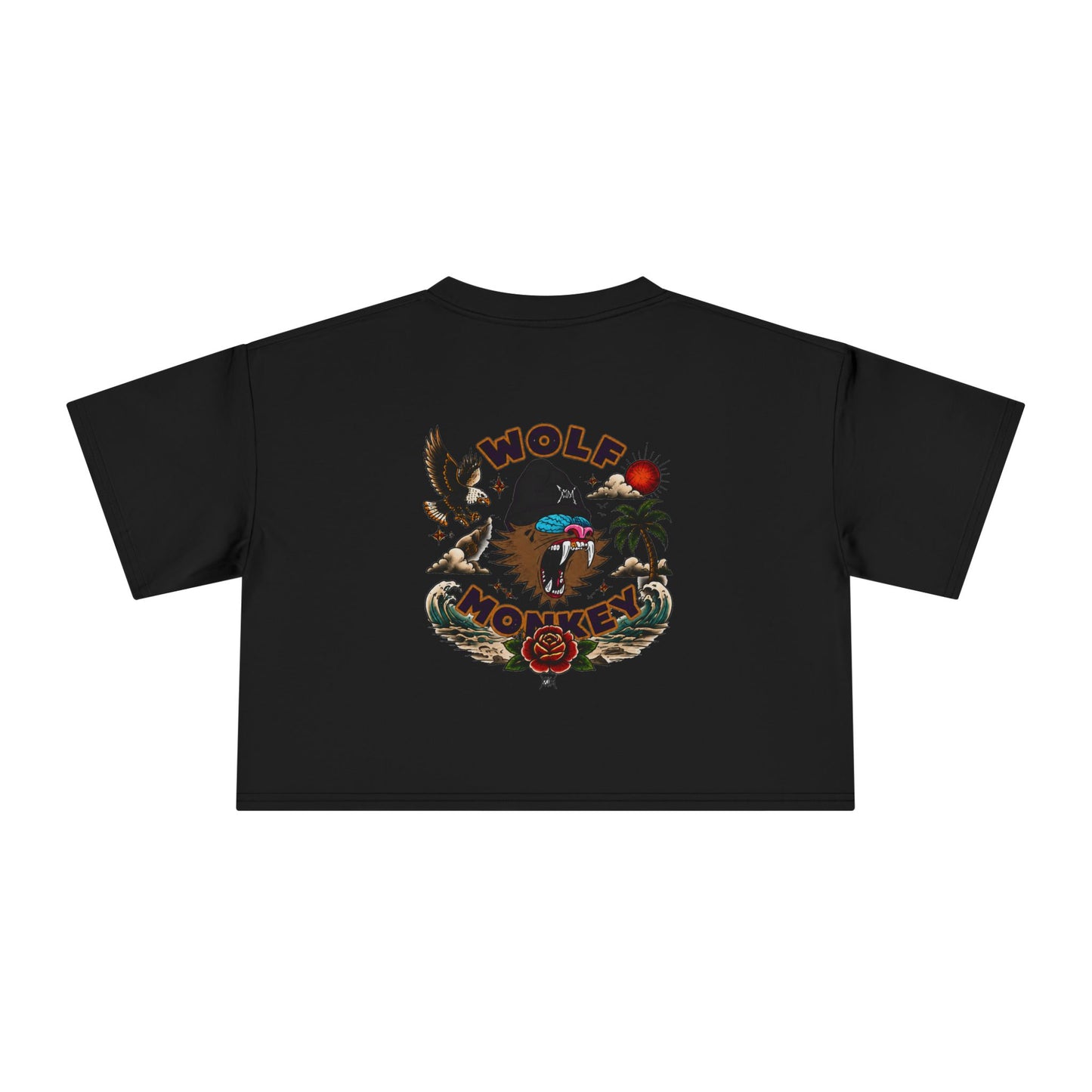 Wolf Moon Crop Tee – Retro Tropical Wolf Graphic Women’s Crop Top
