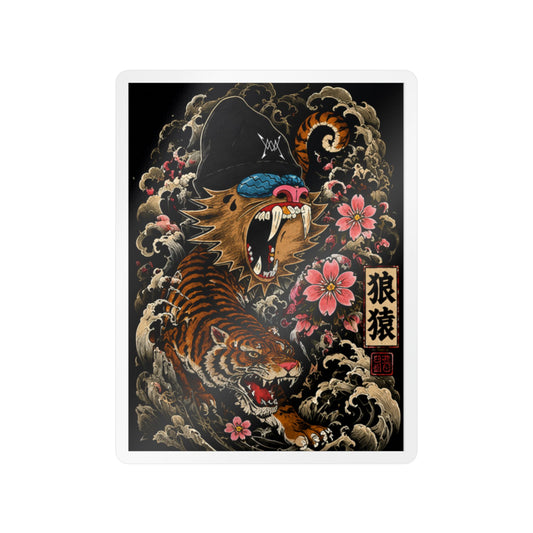 Kiss-Cut Vinyl Decal — Roaring Tiger Ape Design with Cherry Blossoms