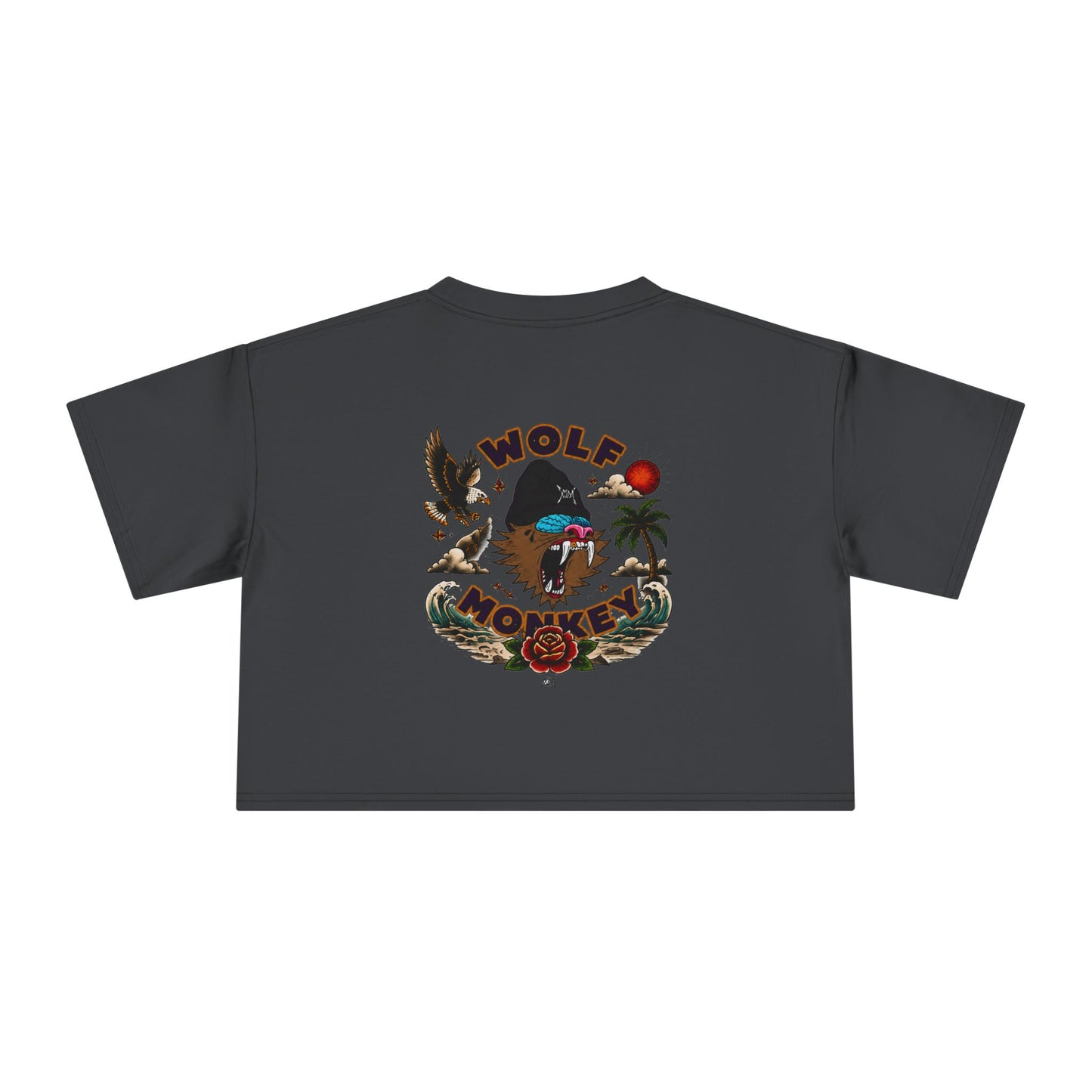 Wolf Moon Crop Tee – Retro Tropical Wolf Graphic Women’s Crop Top