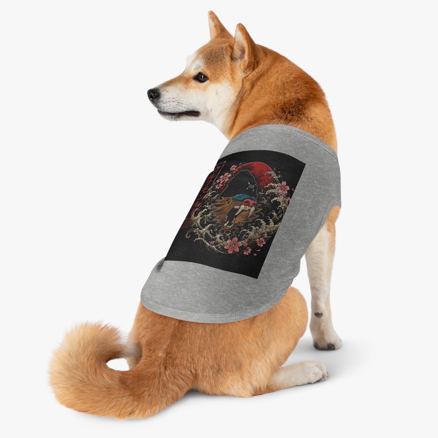 Pet Tank Top — Japanese Wolf Mask Design with Red Moon & Cherry Blossoms